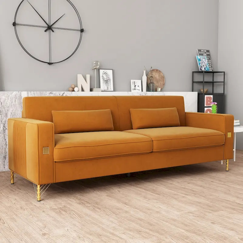 Luxuriöses Samtsofa mit goldenen Akzenten, kuscheliges 3-Sitzer-Sofa für Wohnzimmer und Büro