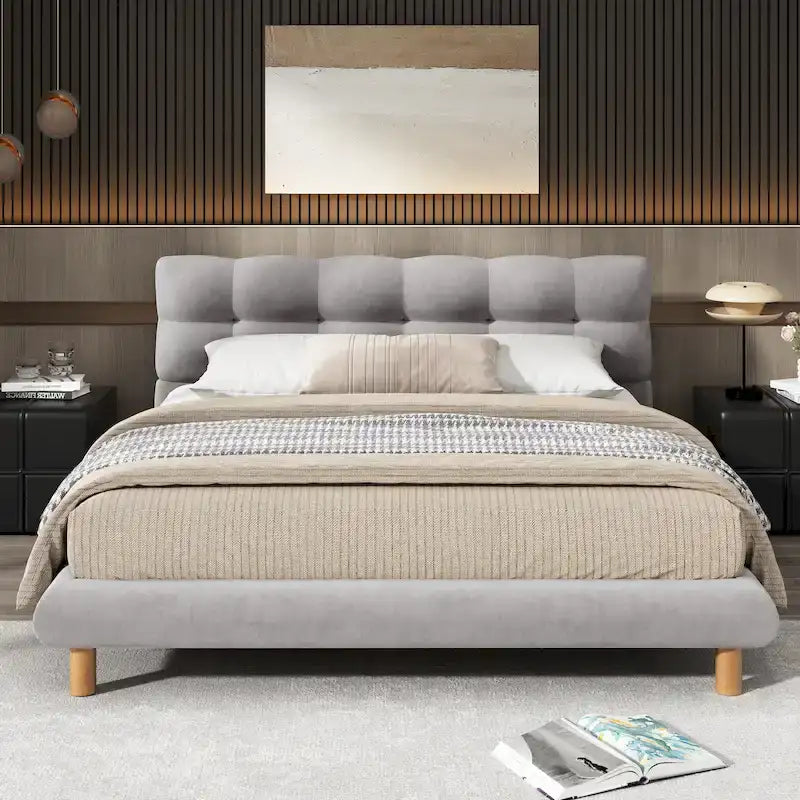 Letto a piattaforma imbottito queen size, moderno giroletto trapuntato con testiera a forma di biscotto per camera degli ospiti e camera da letto