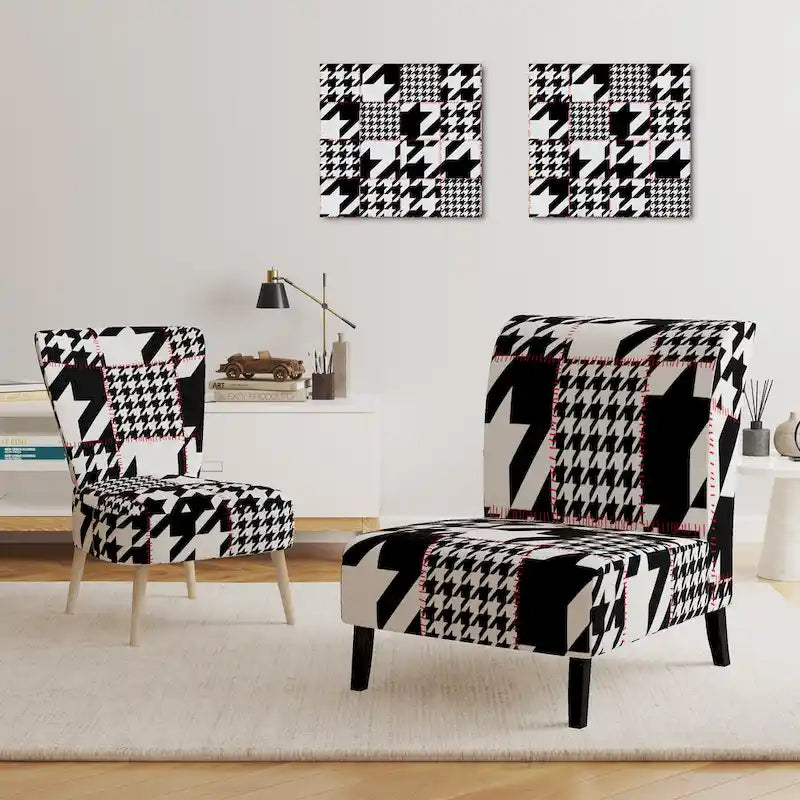 Classic Houndstooth Pattern Upholstered Mid-Century Accent Chair - Arm Chair