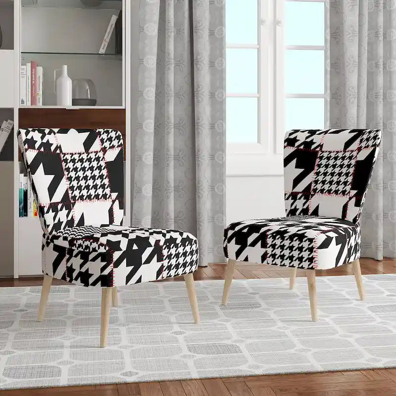 Classic Houndstooth Pattern Upholstered Mid-Century Accent Chair - Arm Chair