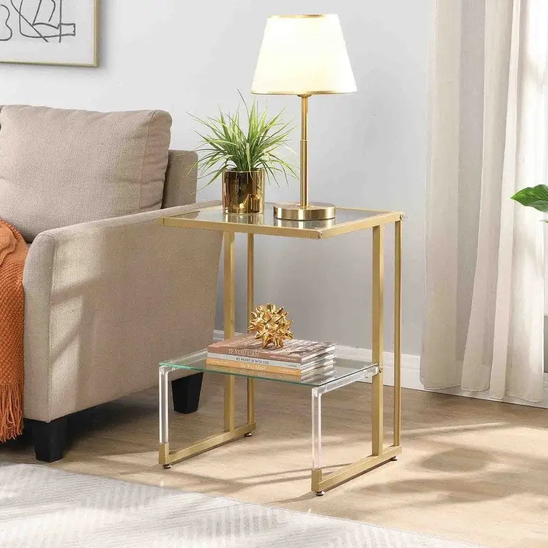 Contemporary Style 2-Tier End Table Sofa Side Table with Tempered Glass Shelves and Metal Frame