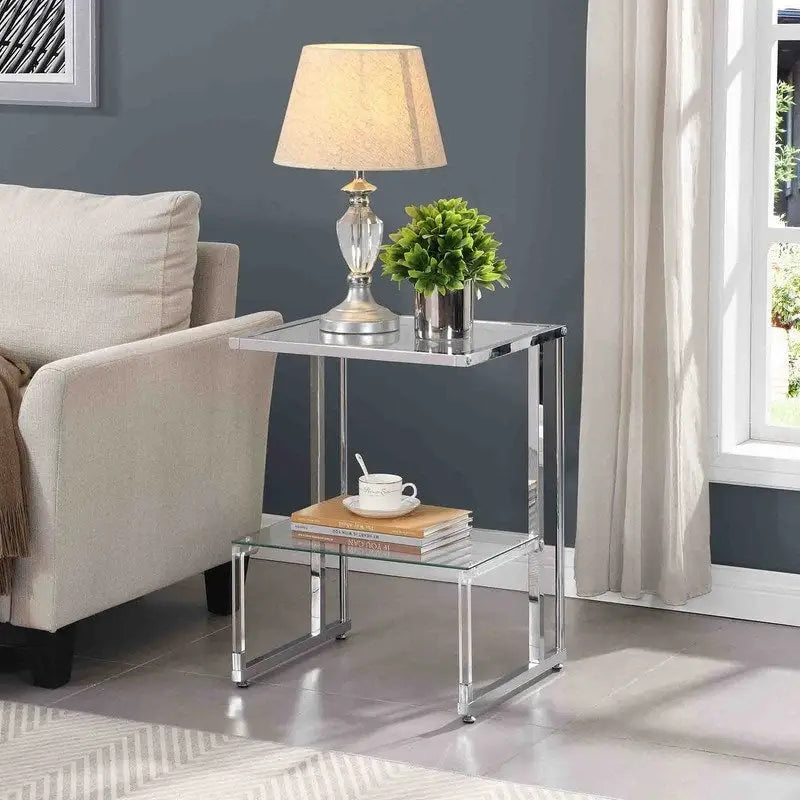 Contemporary Style 2-Tier End Table Sofa Side Table with Tempered Glass Shelves and Metal Frame