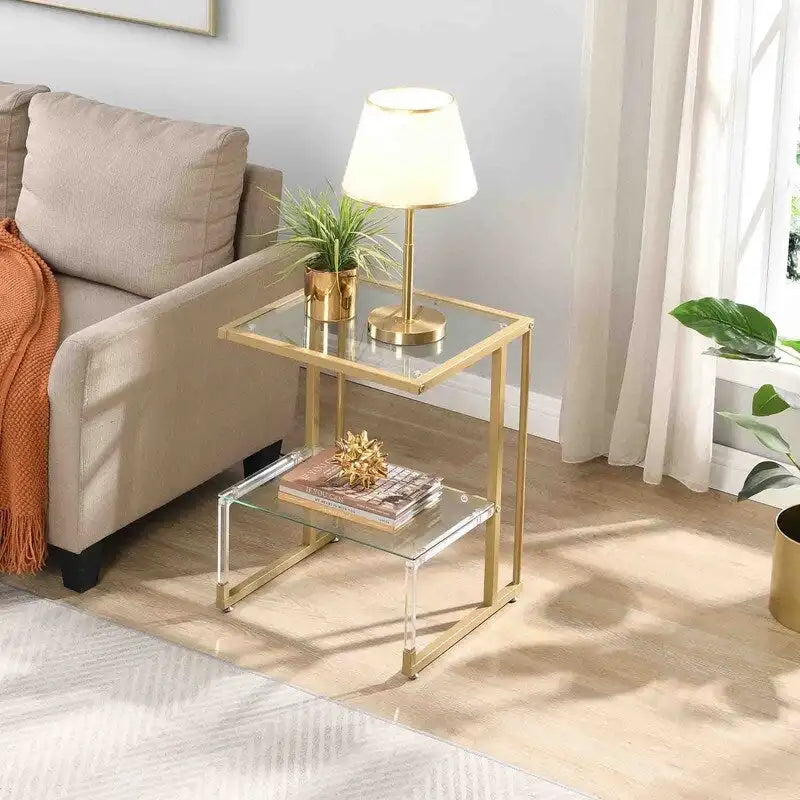 Contemporary Style 2-Tier End Table Sofa Side Table with Tempered Glass Shelves and Metal Frame