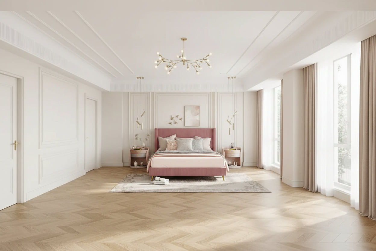 Elegante letto a piattaforma in legno imbottito con testiera imbottita