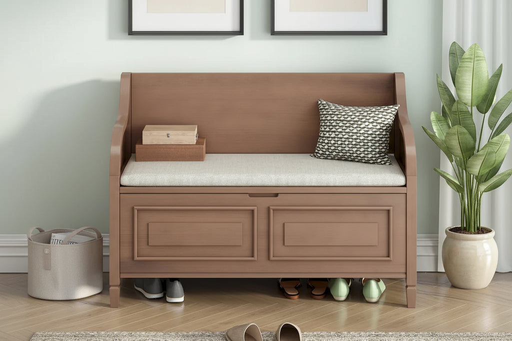 Rustic Style Solid wood Entryway Multifunctional Storage Bench with Safety Hinge